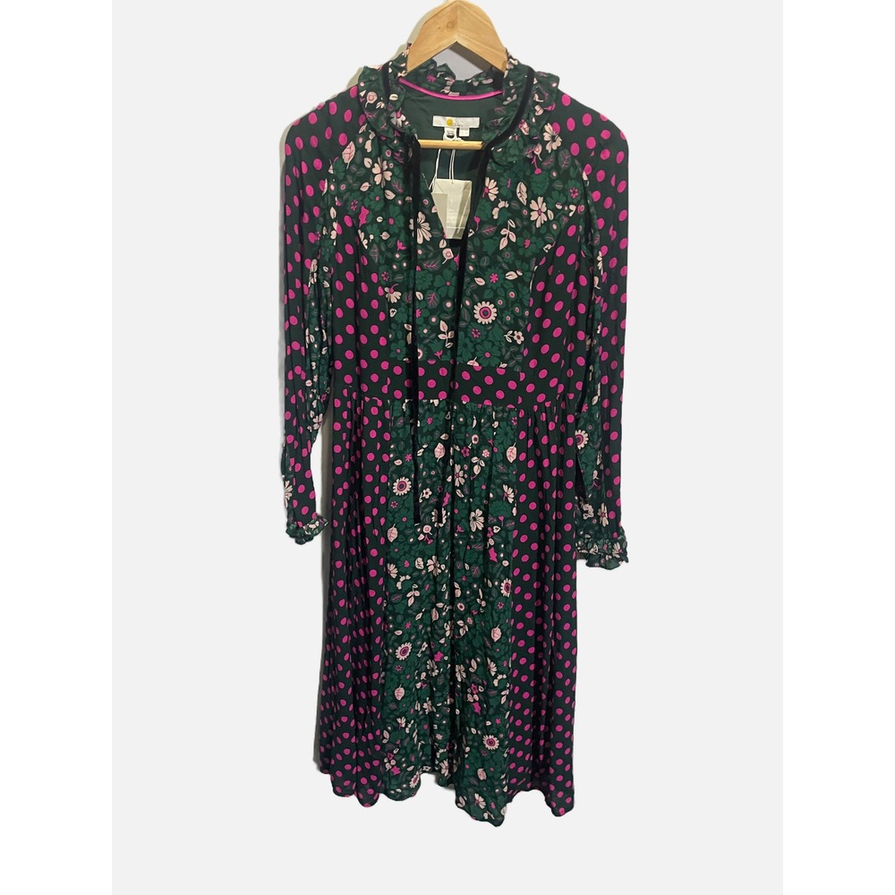 Boden Midi Dress Women 6R Green Pink Floral Polka Dot Mixed Print Boho Romantic - Picture 2 of 5